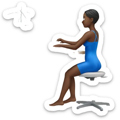 woman on standing desk with blue bathing suit sticker