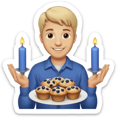 It is my friend virginias birthday. Create emoji with me saying happy birthday Virginia while holding blueberry muffins with candles in them! I am a white man make the emoji with dirty blonde hair  sticker