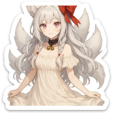 Charming fox spirit girl, pink irises, pale skin, silver white hair parted in two braids with loose hair, big red ribbon bow, flowy dress, lace choker with bells. sticker