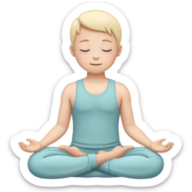 one simplified human character sitting in lotus pose, eyes closed, soft peaceful smile, feeling comfortable alone, calm and mindful mood, flat custom emoji sticker, pastel colors, rounded shapes, minimal details, mental health theme, thick outline, white background, no text sticker