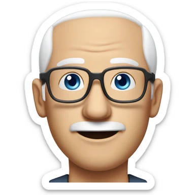 mid age man with paste square glasses, bald with white hair on sides of his gead, big ears and expression lines on bouth sides of mouth, tilted head to the side, blue eyes and no beard o mustache sticker
