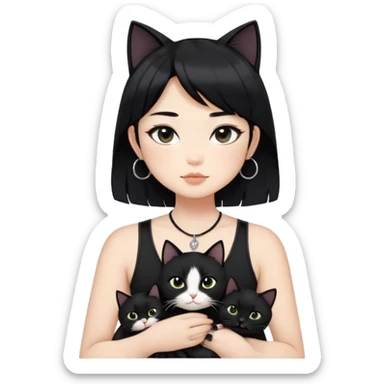 Asian cool girl, black hair, slightly longer than shoulder.  Holding two BLACK cats. one cat has a round fat face, the other one has a slightly slimmer face. Both pure black.  The girl also wearing a black singlet, a black chocker, silver round hook earring, and wearing eyeliner.  sticker