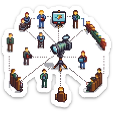 pixel art style illustration of a professional filmmaking network showing multiple cinema professionals (director, cameraman, sound engineer, editor, etc.) connected by lines or connection symbols, collaborative atmosphere, figurative style, large image sticker