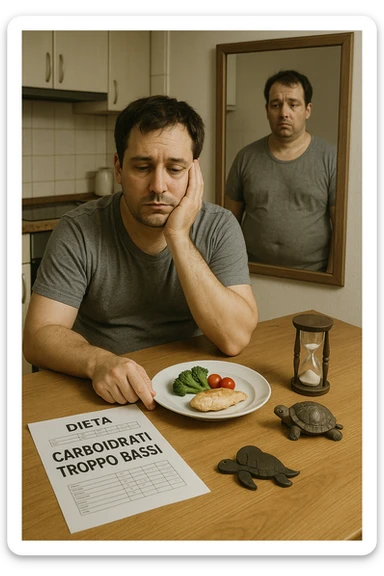 Uomo sui 35 anni in cucina, con espressione affaticata e spenta, guarda un piatto con pochissimi carboidrati (solo qualche verdura e proteine). Accanto a lui, fogli con una dieta rigida e una scritta visibile: 'Carboidrati troppo bassi'. Il suo corpo appare bloccato, senza definizione, con uno specchio alle spalle che riflette una figura stanca e senza progressi. Sul tavolo ci sono simboli che richiamano il metabolismo rallentato: una tartaruga, una clessidra ferma. sticker