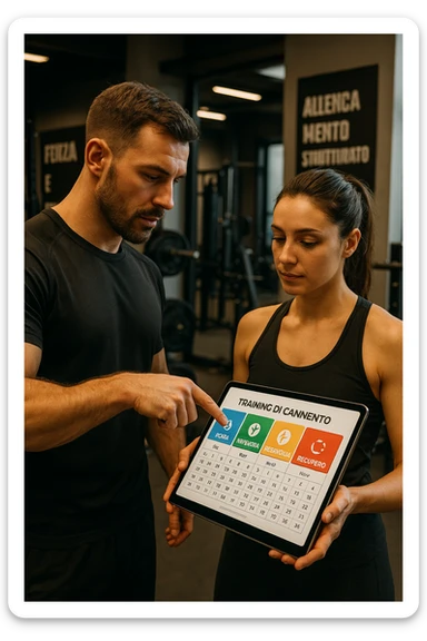 realistic cinematic photo a personal trainer and a client stand in a modern gym, reviewing a large, color-coded training calendario or chart on a tablet. The calendario shows different phases (Forza, Ipertrofia, Resistenza, Recupero) with icons and dates. Around them, gym equipment and motivational posters reinforce the idea of structured, periodized training. in italiano sticker