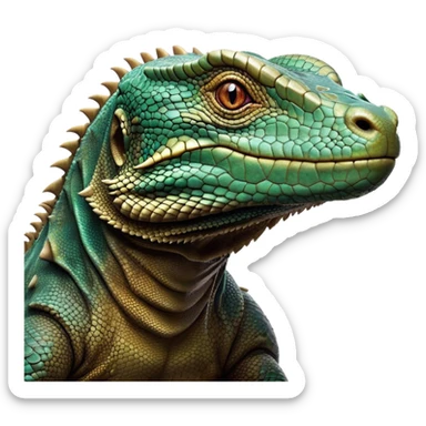 Cinematic Noble Komodo Dragon Lizard Portrait Emoji, Poised and regal, with a rugged, scaled body and powerful stance, deep-set intense eyes and textured, weathered skin, Simplified yet sharp and sophisticated features, highly detailed, glowing with a soft, ancient glow, high shine, intelligent and formidable, stylized with an air of primordial authority, focused and commanding, soft glowing outline, capturing the essence of a watchful and confident guardian that appears ready to stride out of the screen with timeless power! sticker