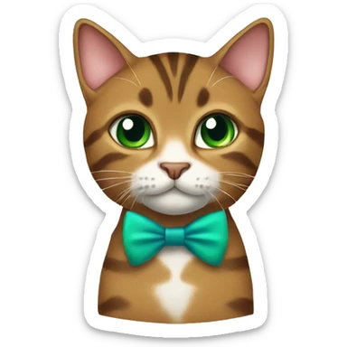 A brown tabby cat with green eyes and a blue bowtie sticker