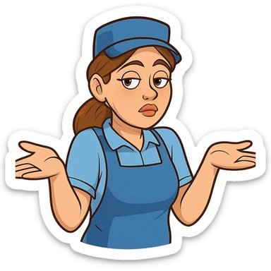 В позе этого мема сгенерируй типичную молодую российскую продавшицу в продуктовом магазине c слегка увеличенным губами, накрашенными глазами, которая недоуменно но при этом хитровато разводит руками, слегка рисованный, но при этом объемный стиль, прозрачный фон sticker