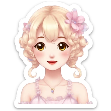 Gorgeous anime style lady with blushing face and accessories cottagecore fairycore Kawaii anime colorful pearly romantic aesthetic trending style sticker