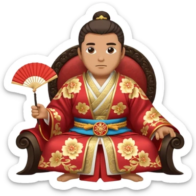 Wealthy warlord in ornate kimono, crest on chest, seated with fan in hand. sticker