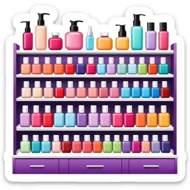 big beauty salon showcase with well-organized brand-labeled beauty products on a white shelves, vibrant colors sticker