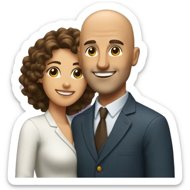 bald man without glasses and a shorter woman with dark brow curly hair, both smiling and waving hi. Show only uptil shoulders sticker