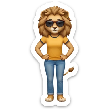 friendly anthropomorphised female lion character, full body, standing confidently with arms folded, wearing jeans, a t-shirt, and dark sunglasses, with a confident smile sticker