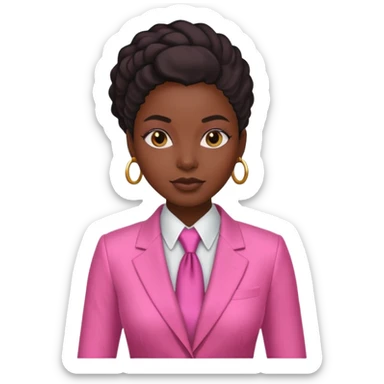 Darkskin black woman wearing a pink suit with a silk press sticker