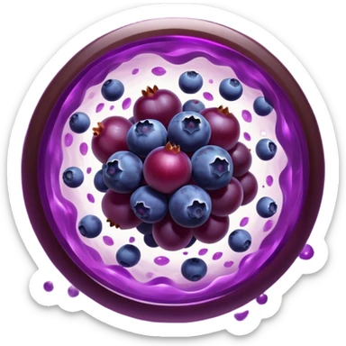 Blueberries, pomegranate, purple grapes, and dark chocolate floating in a bright purple vortex. A glowing shield surrounds cells, dissolving dark shadow particles representing free radicals. The protective light extends throughout the body, showing antioxidants' protective effects. sticker