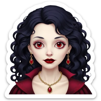 old Vampire lady Pale queen with ruby necklace, curly black long hair sticker