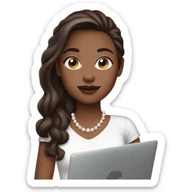 Girl with dark brown hair dark brown eyes and white skin wearing pearls and hold macbook sticker