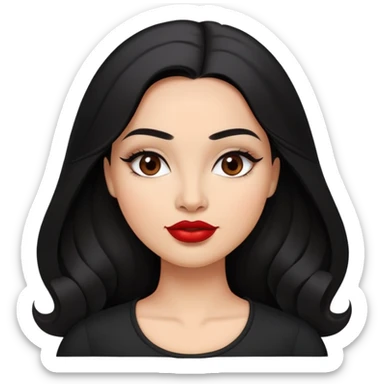 Confident curvier young woman with oval face, elegant features, medium brown skin, dark brown eyes, arched eyebrows, red lipstick, long black hair, fuller figure, wearing a black top sticker