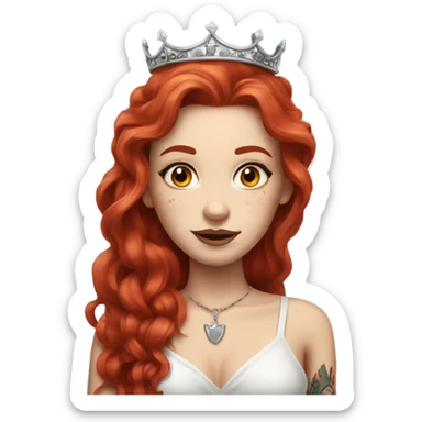 Beautiful girl with white skin, long red hair and tattoos and a crown sticker