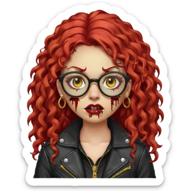 zombie girl emoji with long red curly hair, thick lashes, black glasses, gold nose piercings on each nostril, and a gold eyebrow piercing. sticker