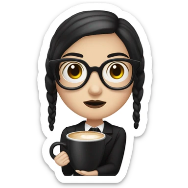 Wednesday Addams wearing square black glasses an holding a steaming coffee  mug  sticker
