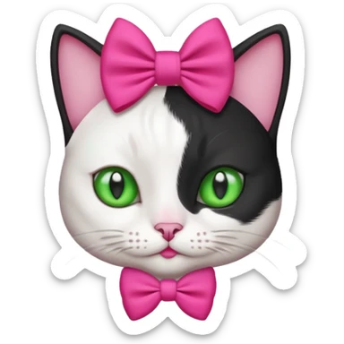 A black and white cat head with green eyes she has a hot pink bow on her head  sticker
