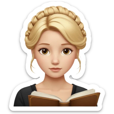 Cinematic Realistic Journal Portrait, depicted with lifelike skin texture, subtle rosy undertones, and soft natural lighting that enhances the gentle contours of her face. Her intricately detailed golden blonde hair is elegantly styled in an updo, sticker