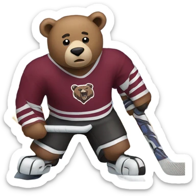 Bear playing hockey maroon jersey shooting puck sticker
