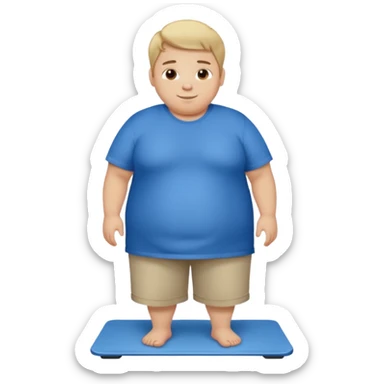 A young male with short dark-blonde hair and medium-light skin, only slightly overweight. He stands on a scale with a relieved, happy expression after noticing weight loss. He wears blue cloth, his posture relaxed with a gentle smile. sticker