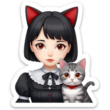 girl wearing black Lolita style dress, with medium-length black hair with red tips, and a gray American Shorthair tabby cat sticker