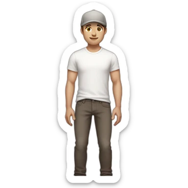 Pale skinned fit Man with dark brown hair in a light gray cap, dark brown jeans, brown polo and white T-shirt keeping a pasted with tape white box into his hands sticker