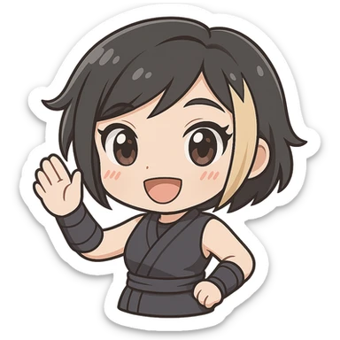 Make this exact chibi ninja girl wave forward (toward viewer), keeping the same anime chibi style, face, outfit, and colors. Only change the arm position for animation. Transparent background, sized for Twitch emoji use. sticker