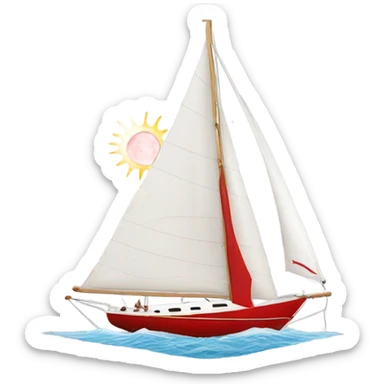 Sailing boat: white sail, white hull and red sun symbol on sail sticker