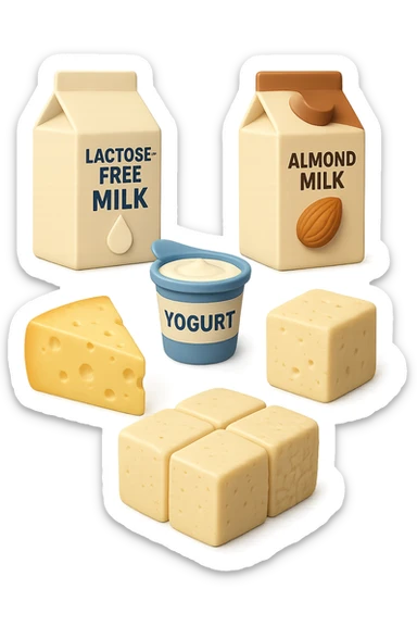 emoji stile iphone 3d di Latte e yogurt delattosati
Latte di mandorla (non zuccherato)
Latte di soia da proteine isolate
Formaggi stagionati (es. parmigiano)
Tofu compatto e tempeh
 che fluttuano in aria, iperealistico 4k sticker