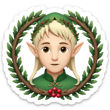 Fantasy elf portrait emoji, winter forest wreath made of pine branches and berries, elven ears visible, calm elegant expression, clean simple design, soft winter colors, flat emoji style, high readability, male variant
 sticker
