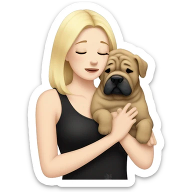 Blonde woman in black top crying and cuddling blue Shar Pei  sticker