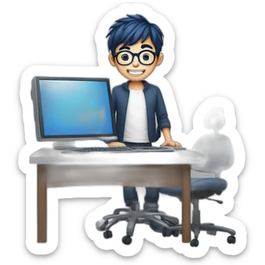 A boy with dark blue hair, round glasses and a dental appliance behind a computer. sticker