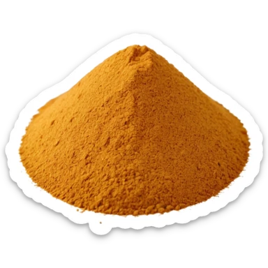 small mound of ground cumin powder, finely textured, warm golden-brown to ochre tones, uneven soft surface, a few scattered grains or powdery edges, dry and freshly ground, no clumps or shine, minimal, soft shadows, no faces or tools, emoji scale sticker