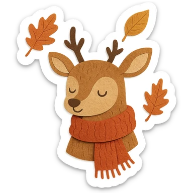 deer in a wooly scarf among falling leaves, cozy fall palette, paper-craft style sticker
