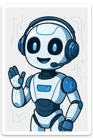 AI agent as a robot with a headset, approachable, blue and white color scheme, tech-inspired sticker