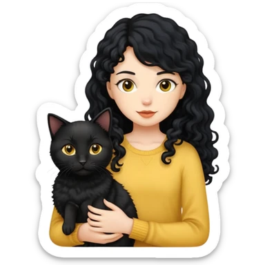 A girl with long black hair is holding a black cat, a yellow short-haired cat, and a curly-haired dog sticker