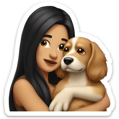 pretty woman with very long black hair and caramel skin hugging a beige dog sticker