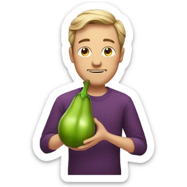 man holding eggplant and closing one eye sticker