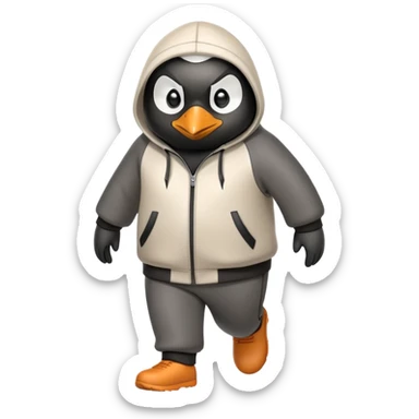 friendly anthropomorphised penguin wearing a mafia-style tracksuit, angry expression, tense hurried stride sticker