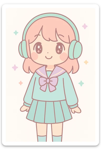 girl in a school uniform with headphones, standing, cheerful expression, modern anime style, clean background sticker