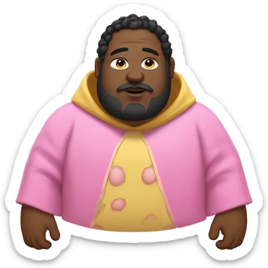 fat man with big huge hairy ears wearing pink poncho, EYES need to be CLOSED SHUT, big lips with visible yellow teeth, duble chin and with a potato nose, white skin color with messy black hair sticker