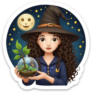 A long curly haired brunette girl with a moon, witch hat, holding a plant terrarium sticker