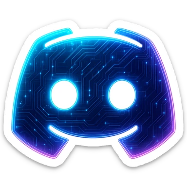 Transform the Discord logo into a cyberpunk, holographic style with glowing neon blue and pink edges, circuit patterns throughout the logo, and a transparent background. Maintain the recognizable Discord mascot shape, overlaying neon and circuit effects in the same futuristic, clean cyberpunk style with consistent glow and intricate circuit details. sticker