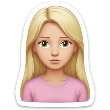 blonde with long hair and swamp-colored eyes, wearing a pastel pink shirt, thoughtful expression, iOS Apple emoji style sticker