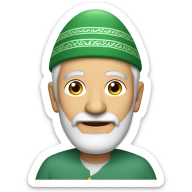 White short-bearded elderly Muslim man wearing a round green topi sticker